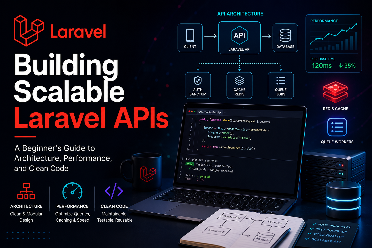 Dark developer workspace with multiple monitors showing code and API architecture