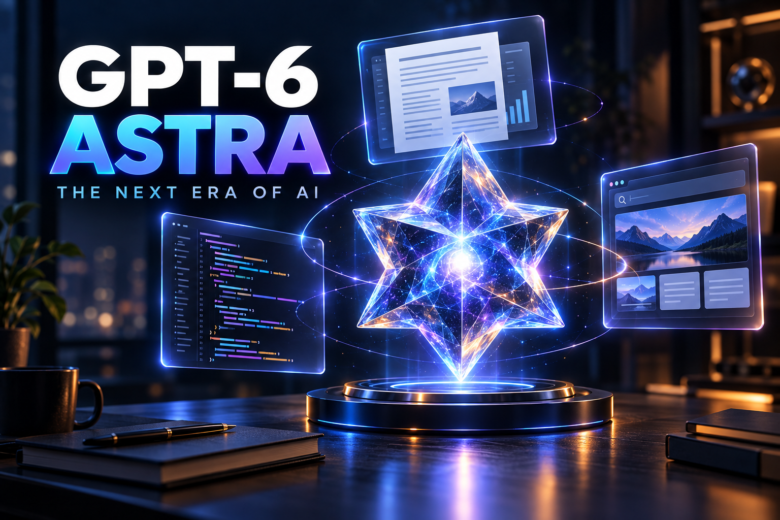 GPT-6 Astra cover with a luminous AI core connecting code, documents, and browser panels